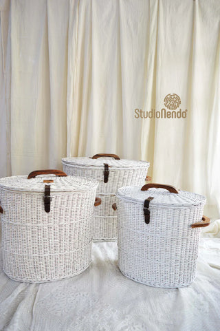 White Wicker Oval Laundry Basket with Wooden Handles