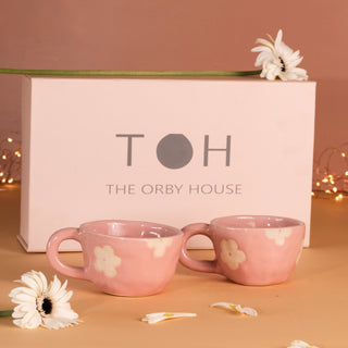 Set of 2 Pretty in Pink Ceramic Mugs Gift Bundle