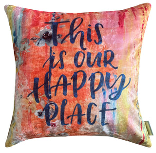 Happy Place Modern Chic Designer Velvet Cushion Cover (Multicolour, 16x16in (40cm x 40cm))