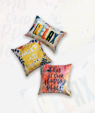 Happy Place Modern Chic Designer Velvet Cushion Cover (Multicolour, 16x16in (40cm x 40cm))