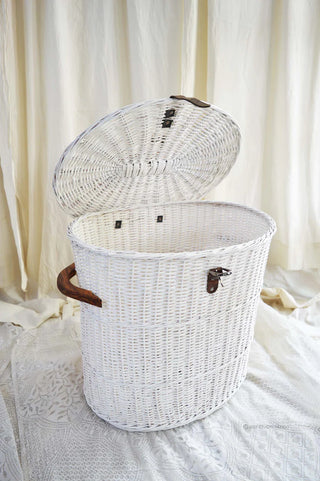 White Wicker Oval Laundry Basket with Wooden Handles