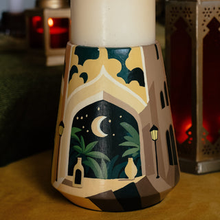 Moonlit Medina: Hand-Painted Terracotta Candle Stand