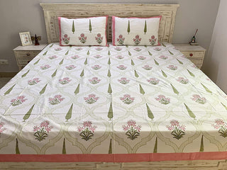 Meher Premium Cotton Block Print King Size Bedsheet + 2 Pillow Covers (Green, Pink & Off White)