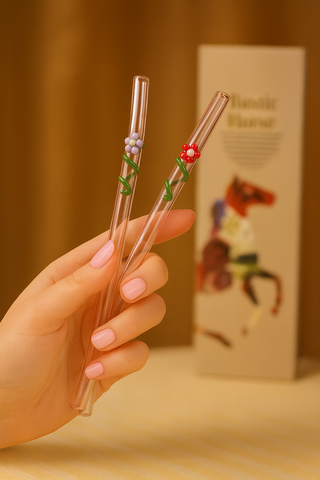 Glass Straws  , Floral Art Set of 2 Drinking straws-Pink