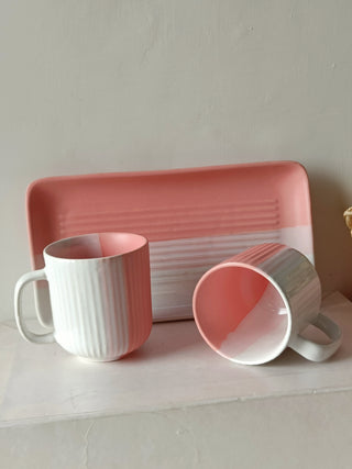 Ceramic Cups & Platter Set | Matte Pink-White