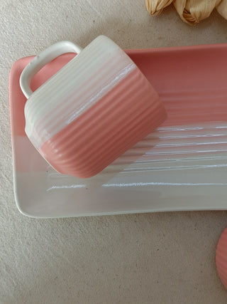 Ceramic Cups & Platter Set | Matte Pink-White