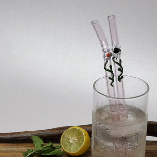 Glass Straws  , Floral Art Set of 2 Drinking straws-Pink