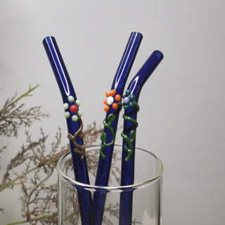 Glass Straws Floral Art  Set of 2 - Blue