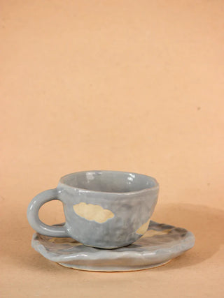Ceramic Cup and Saucer Set - Light Blue Color with White Clouds