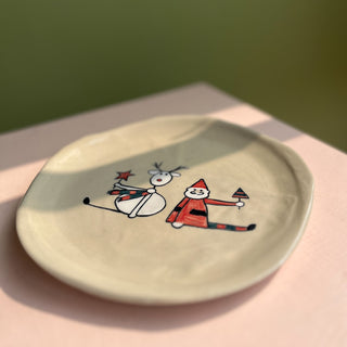 Christmas Santa & Reindeer Illustration 7" Ceramic Plate