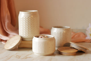 Ceramic Jars Set With Wooden Airtight Lid| Matte White