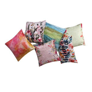 Happy Place Set of 6 Crushed Velvet Cushion Cover Set (Colour: Multicolour Size: 5 X16 inch x 16 inch + 1 x18inch x12inch)