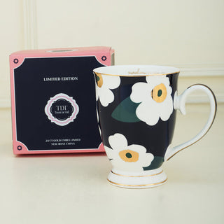 TDT Limited Edition Black Unikko Flower Pattern, New Bone China Mug