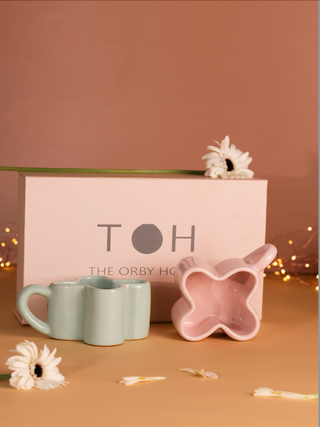 Set of 2 Mint & Pink Daisy Ceramic Mugs Gift Bundle