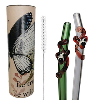 RUSTIC HORSE   Glass Straws  with flora art  decor. 8" x 9.5 mm Handblown -Pack of 2 with brush