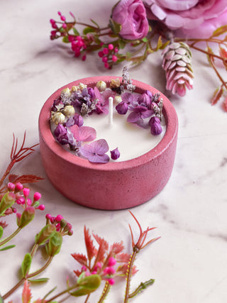 Pink - Dryflower decorated candle in small  size concrete jar