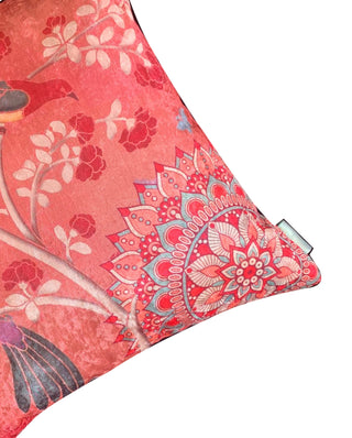 Mandala Birds Crushed Velvet Cushion Cover (Pink)