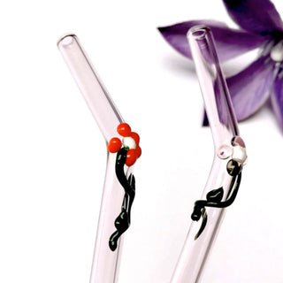 Glass Straws  , Floral Art Set of 2 Drinking straws-Pink