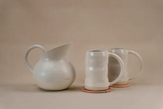 Ceramic Pitcher and Uneven Beer / Juice Mugs set of 2 - Matte White Color