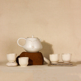 The Sage Face White Ceramic Teapot Set with 4 Cups