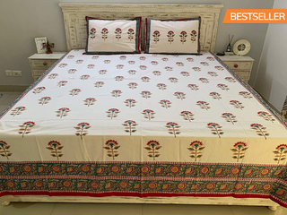 Nargis 100% Cotton Hand Block Print Red & White Bedsheet (Bedsheet + 2 Pillow Covers), King Size
