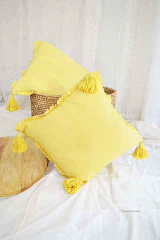 Linen Cushion Cover with Tassles- Sunshine Yellow
