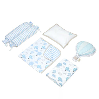 Organic Muslin Cot Bedding Set – Up, Up & Away (Blue