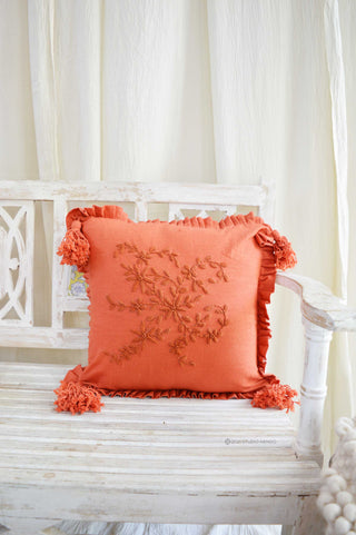 Hand Embroidered Linen Cushion Cover- Terracotta Red