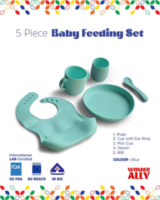 BOBU Kids - 5 Piece Certified Silicone Baby Feeding SET | Set of 5 Products | 100% Food Safe | Intuitive Design | Microwave & Dishwasher Safe | FDA REACH BIS Approved