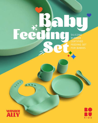 BOBU Kids - 5 Piece Certified Silicone Baby Feeding SET | Set of 5 Products | 100% Food Safe | Intuitive Design | Microwave & Dishwasher Safe | FDA REACH BIS Approved