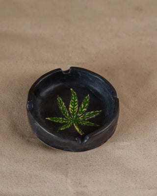 Black Ceramic Ash Tray , Hand Painted Leaf - TOH