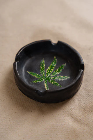 Black Ceramic Ash Tray , Hand Painted Leaf - TOH
