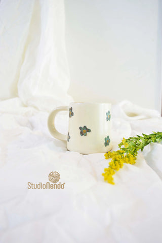 Coffee Mug- Green Flowers On Creamy White