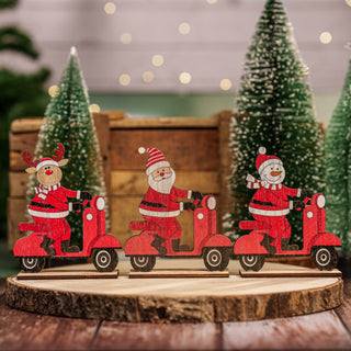 "Wooden Santa Clause, Reindeer & Snowman on Scooter"