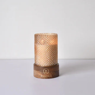 Diamond Cut Wood Base Candle | Gold