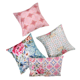 Rose 4 Fabric Cushion Cover Set (Pink, Blue and White, 3 -16 x 16 Inch and 1 -18 x12 Inch)