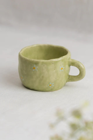 Pastel Olive Hand Pinched Daisy Print Ceramic Coffee / Tea Mug - TOH