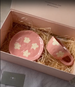 Ceramic Coffee Mug & Saucer Set in Pink colour