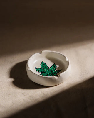 White Ceramic Ash Tray ,Hand Painted Leaf - TOH