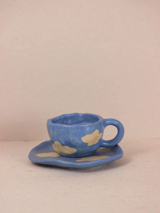 Ceramic Coffee Mug & Saucer Set in Blue colour, cloud pattern