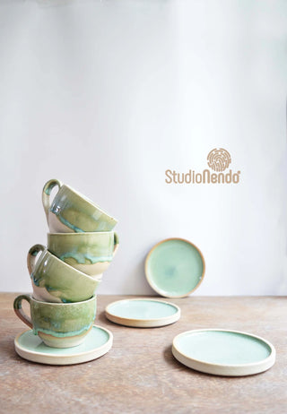 Teacup & Saucer- Set Of 4- Mottled Green