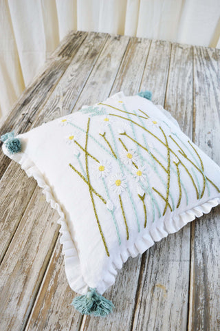 Hand Embroidered Linen Cushion Cover- Flowering Meadow Series- Daisy