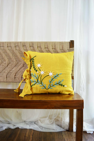 Hand Embroidered Linen Cushion Cover- Flowering Meadow- Honey Yellow