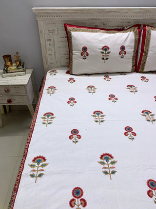 Benazir Cotton Hand Block Print Red & White Bedsheet 